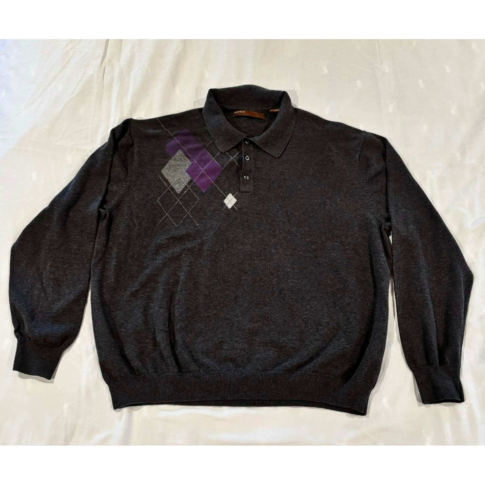 Perry Ellis Mens XXL Gray Argyle Cotton Long Sleeve Polo Sweater Charcoal Purple